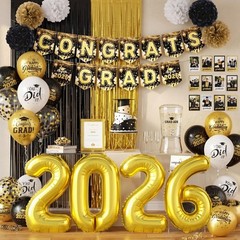 2026 Graduation Decorations – Black & Gold Balloons, Congrats Grad Banner, Party