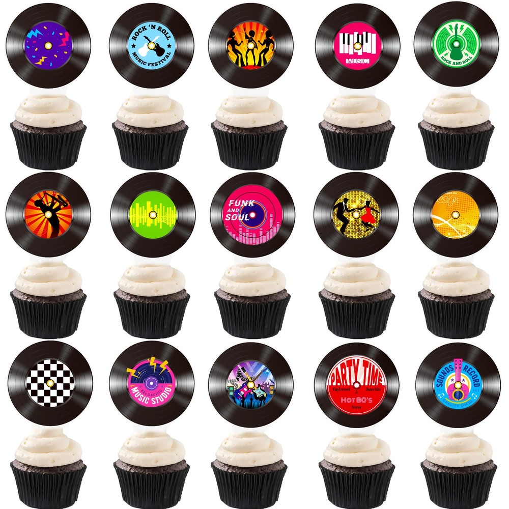 48pcs Vinyl Records Theme Cucpcake Toppers for Rock and Roll Party Decoration…