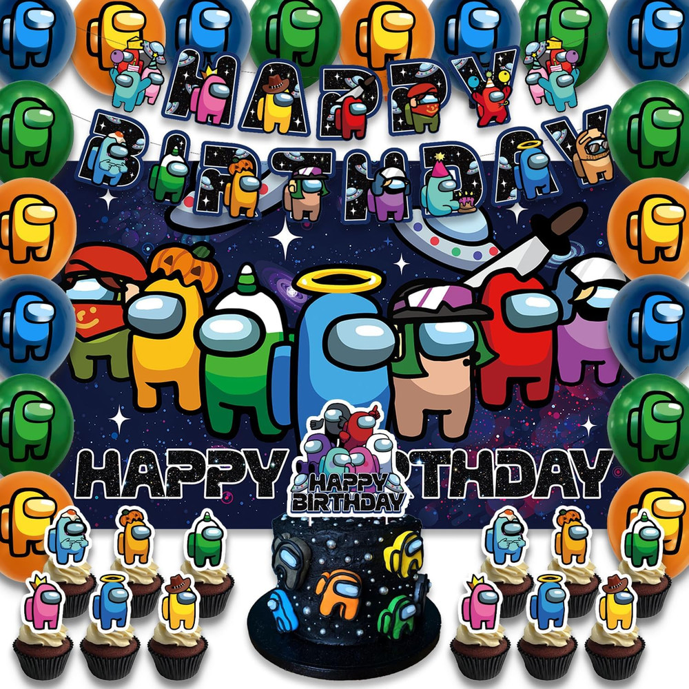 42Pcs Among Game Party Supplies Pack Includes，Banner，Cake Topper，Blackdrop,Ballo