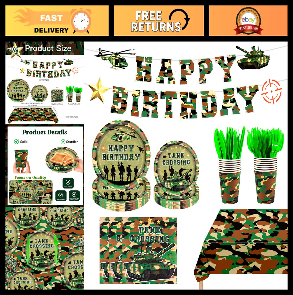 182Pcs Army Camouflage Birthday Party Supplies Set, Plates Napkins Tableware for