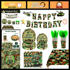 182Pcs Army Camouflage Birthday Party Supplies Set, Plates Napkins Tableware for