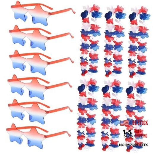 Patriotic Red, White and Blue Flower Leis and Star Sunglasses for 4th of July