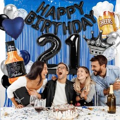 Black and Blue Decorations for Men, Black 21 balloon number, Black Happy Ball…