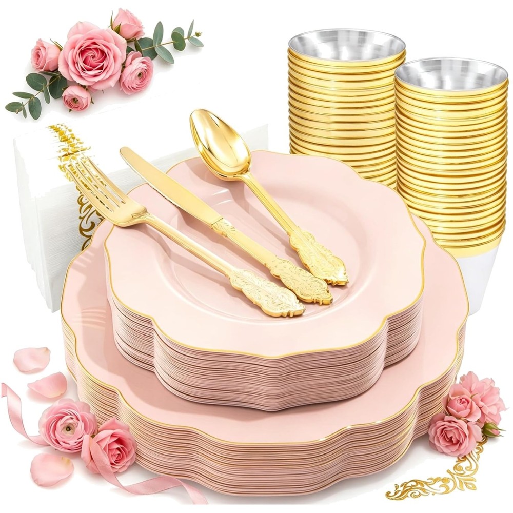 Festive Pink Plastic Plates with Gold Cutlery – 175 Pieces