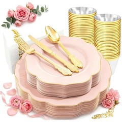 Festive Pink Plastic Plates with Gold Cutlery – 175 Pieces