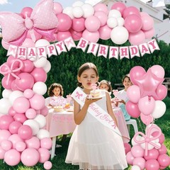 Pink Birthday Party Decorations for women, Backdrop,Pink Bow Balloons Arch,Gl…