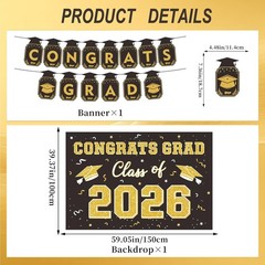 2026 Graduation Decorations Black Gold Banner Backdrop Balloons Party Set Kit