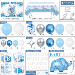 155Pcs Elephant Baby Shower Decorations for Boy, Boxes with Letters/ Blue Balloo