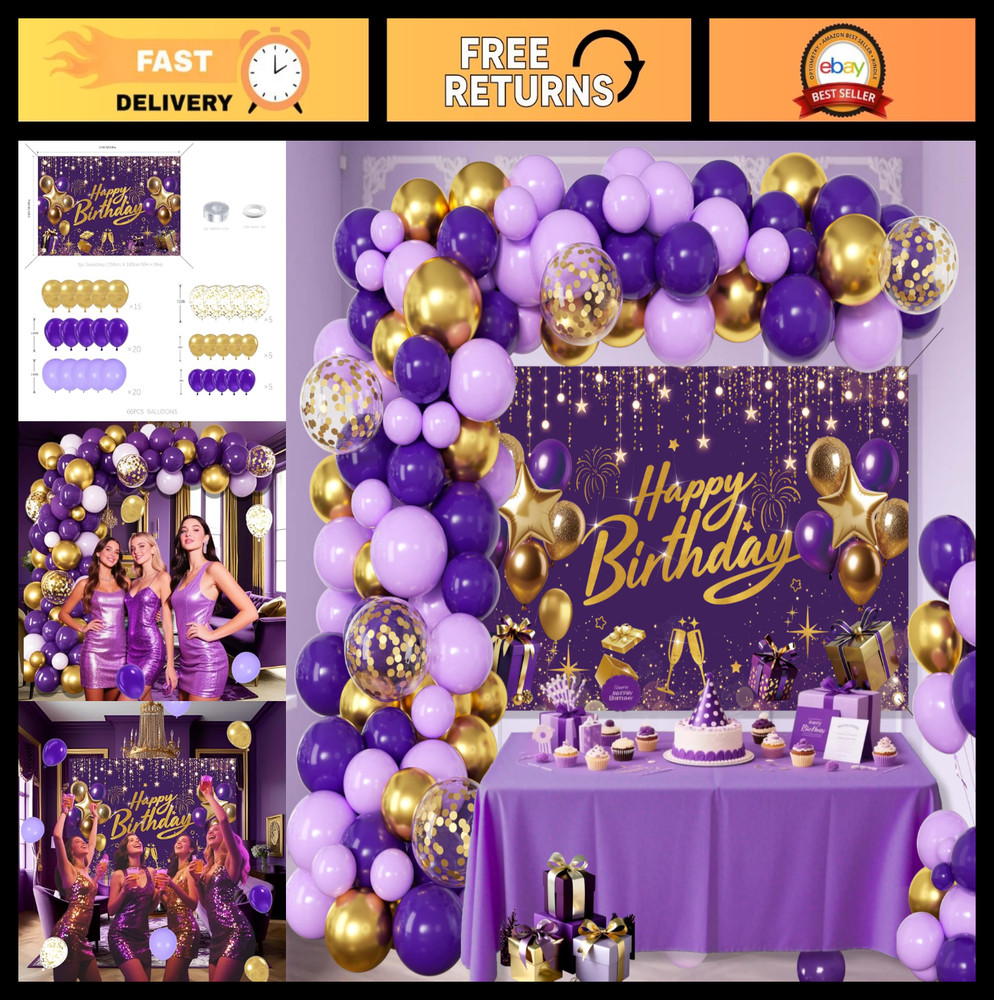 Purple & Gold Birthday Decorations for Women – Happy Birthday Backdrop & Balloon