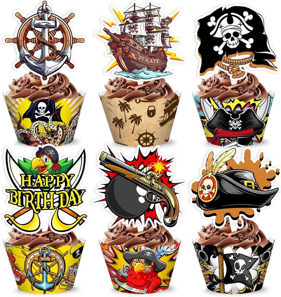 48PCS Pirate Themed Birthday Party Decorations | 24PCS Cupcake Toppers & 24PCS C