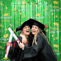 2 Pack Graduation Foil Fringe Curtain 3.3Ft x 6.6Ft Green Gold 2025 Graduation..
