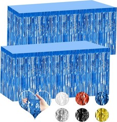 2 Pack 29.5×108 Inch Blue Foil Tinsel Fringe Table Skirts, Disposable Table