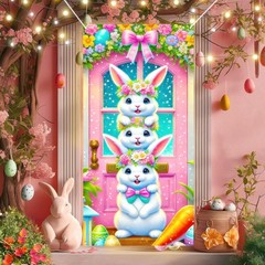 Easter Decorations Colorful Flowers Eggs Carrot Bunny Door Cover Banner 71×35″