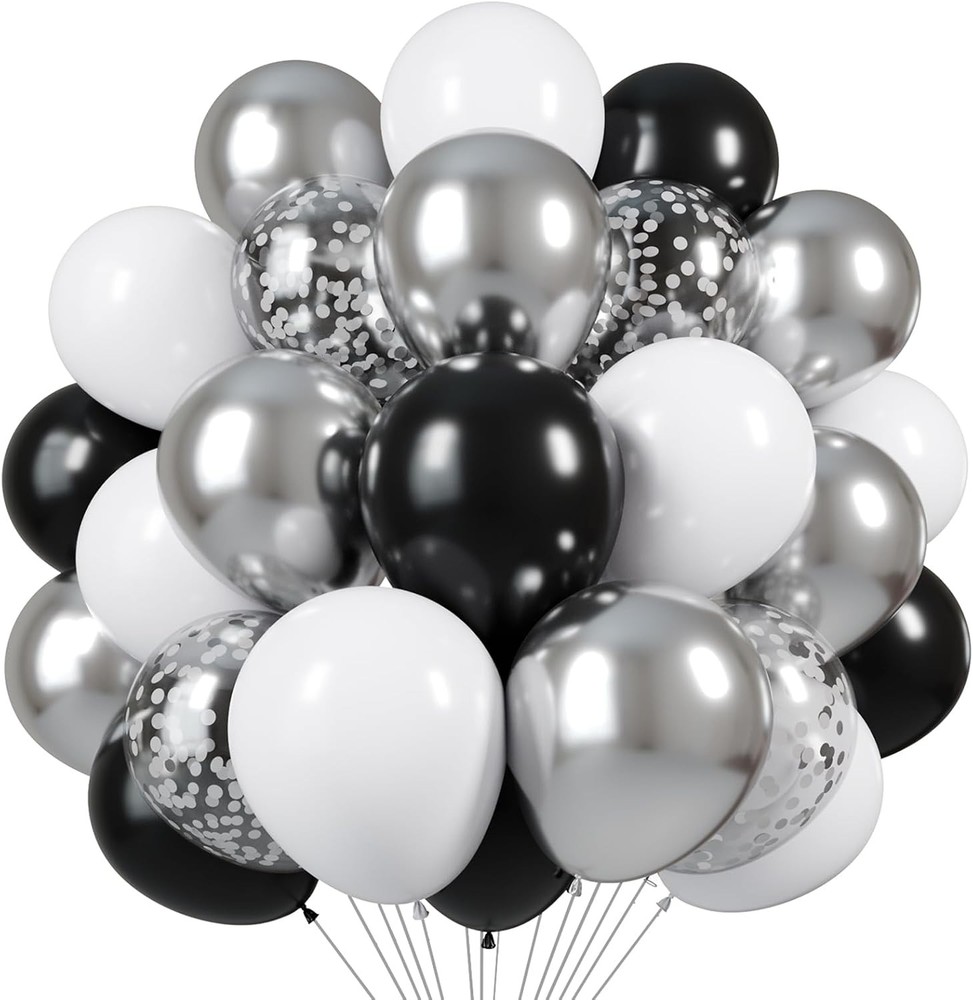 Black and Silver Balloons, 60pcs 12 Inches Black White Silver Confetti Balloo…