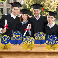 12Pcs Blue and Gold Graduation Decorations 2026 Honeycomb Centerpieces 2026 Grad