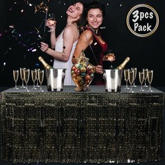 3pc New Years Eve Fringe Table Skirt Black Gold Stars 108″x29″ Party Decoration