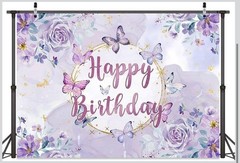 Purple Butterfly Birthday Backdrop for Girl, Purple Floral Butterfly Birthday Pa