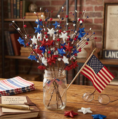 6 Pack Patriotic Berry Stem Picks Glitter Stars Red White Blue 4th July Vase DIY