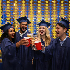 Graduation Decoration 2026 – Blue Gold Graduation Cap Tinsel Streamers Backdrop