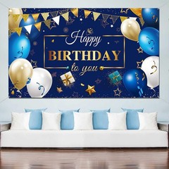 Happy Birthday Backdrop Banner Navy Blue Gold Party Decoration 72.8 x 43.3 Inch