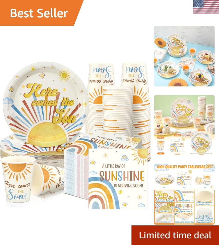 Sunny Vintage Baby Shower Plates, Cups & Napkins Set – 200 Count For 50 Guests