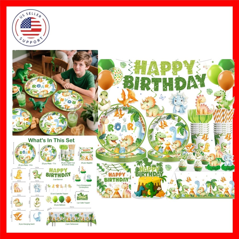 201Pcs Dinosaur Birthday Decorations Tableware Set Serve 25, Dinosaur Decorat…