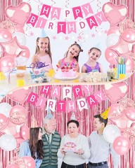 Pink Happy Birthday Party Decorations, Happy Birthday Banner, Pink Foil Heart…