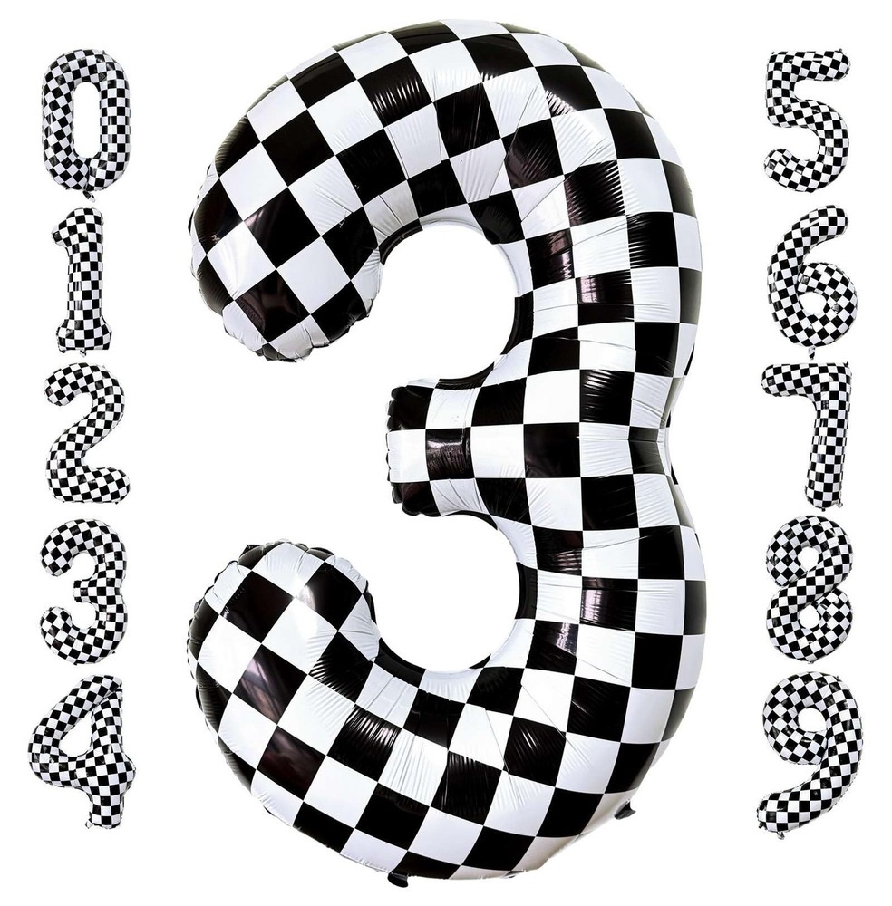 Checkered Number 3 Balloons 40 Inch Giant Race Car Checkered 3 Balloons for R…