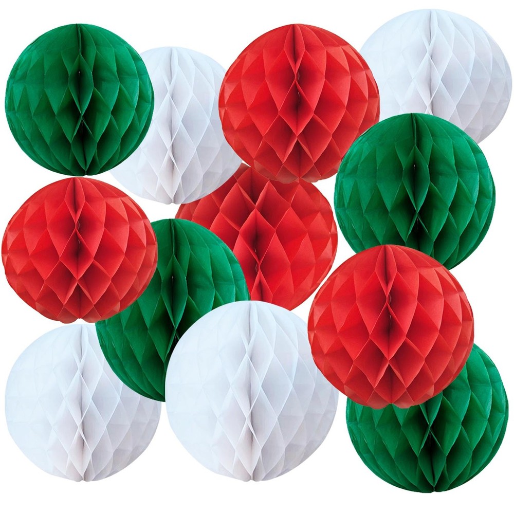 Red White Green Christmas Paper Honeycomb Balls 6 And 10 Inch Hanging Pompoms