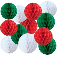 Red White Green Christmas Paper Honeycomb Balls 6 And 10 Inch Hanging Pompoms
