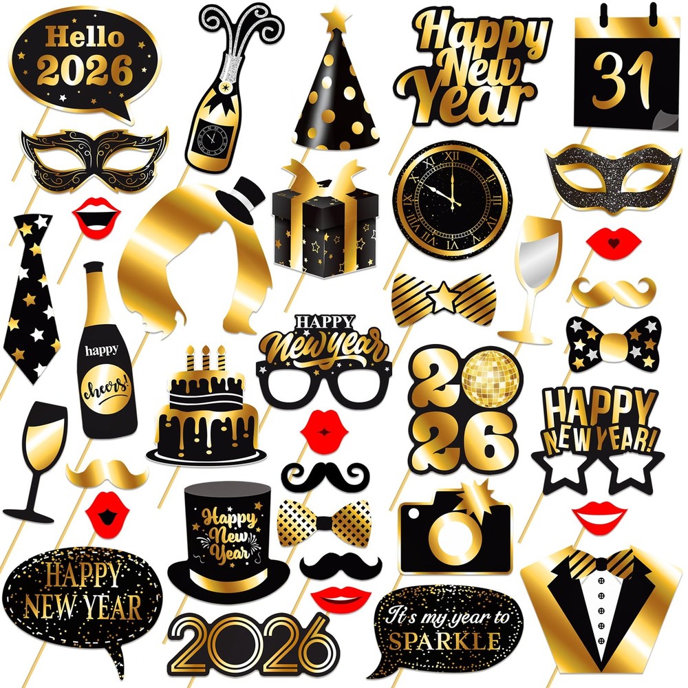 42 PCS New Year 2026 Photo Booth Props NYE Party Supplies Black Gold Cheers