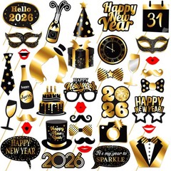 42 PCS New Year 2026 Photo Booth Props NYE Party Supplies Black Gold Cheers