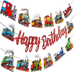 Retro Train Birthday Party Decorations Vintage Train Theme Banners Red Glitter H
