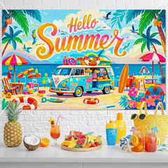 Hello Summer Banner 71X43 Inches Summer Party Decorations Backdrop Beach Party D