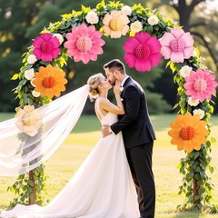 9PCS Hot Pink and Orange Party Decorations Paper Flowers Honeycomb Hanging Large