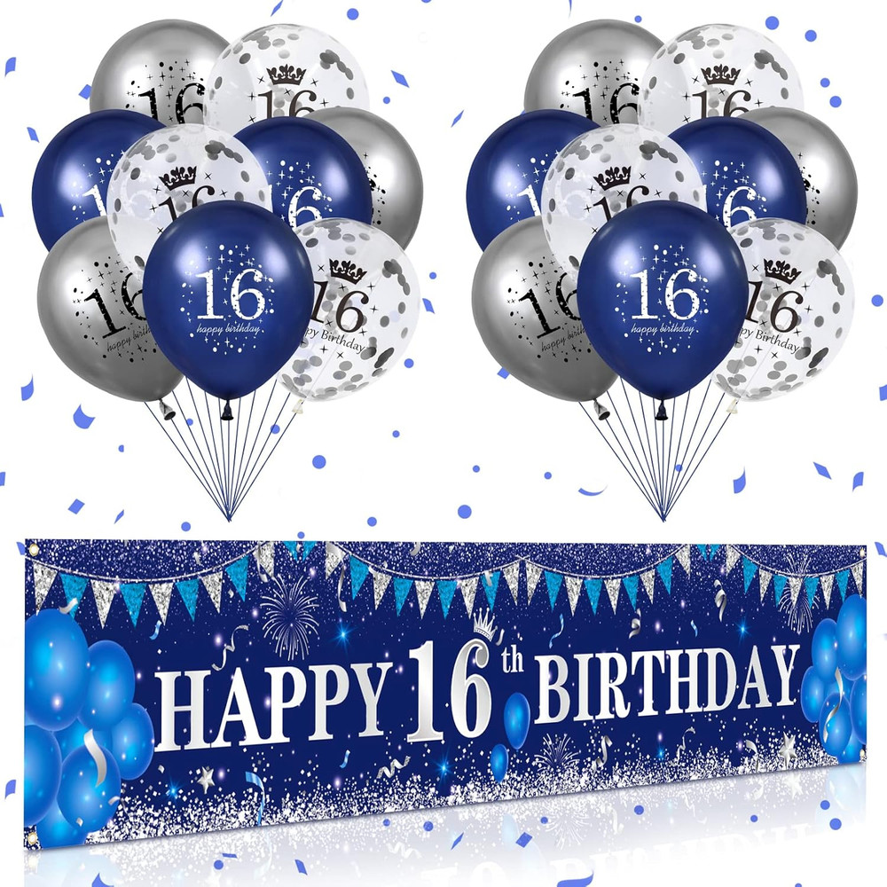16th Birthday Decorations for Boys Girls Blue Silver 16th Birthday Yard Banne…