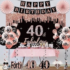 33pcs Black Rose Gold Happy 40th Birthday Banner Crown and Sash Balloons Back…