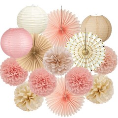 14 PCS Black Gold Party Decorations Hanging Paper Fans Lanterns Pom Poms Decor