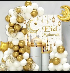 Eid Mubarak Decorations – 70PCS White Gold Ramadan Confetti Balloons with Mub…