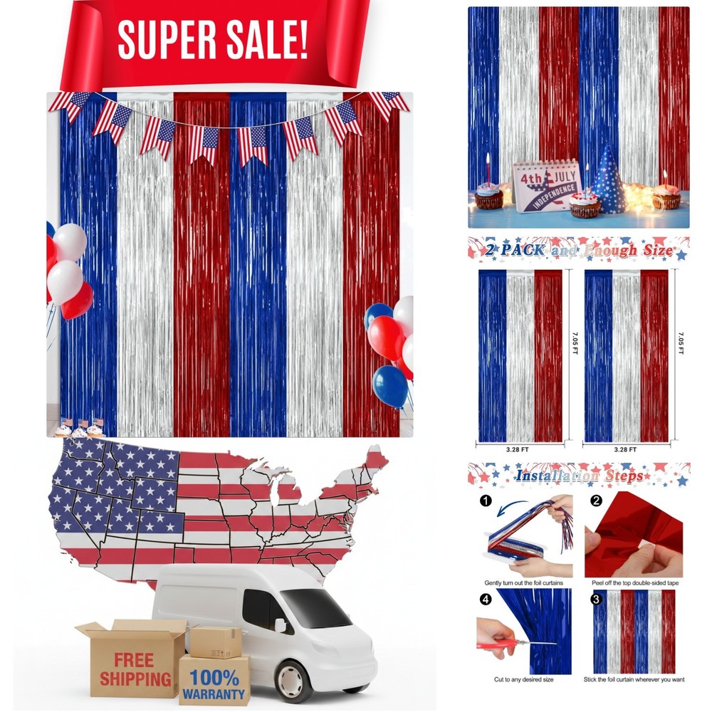 2 Pack Patriotic Blue Silver Red Foil Curtain Streamers | Vibrant 3.28 x 7.05 FT