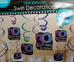 30th BIRTHDAY PARTY – FOIL SWIRL DECORATIONS – 12 PC SET – NEW in Package!
