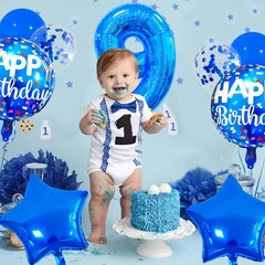 9 Balloon Number, Dark Blue Balloon, Blue Confetti Latex Balloon Foil 9 Birth…