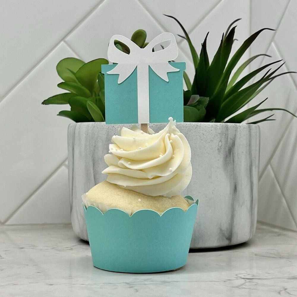 Tiffany and Co Party Decorations – 12 GIft Box Cupcake Toppers – Free Ship