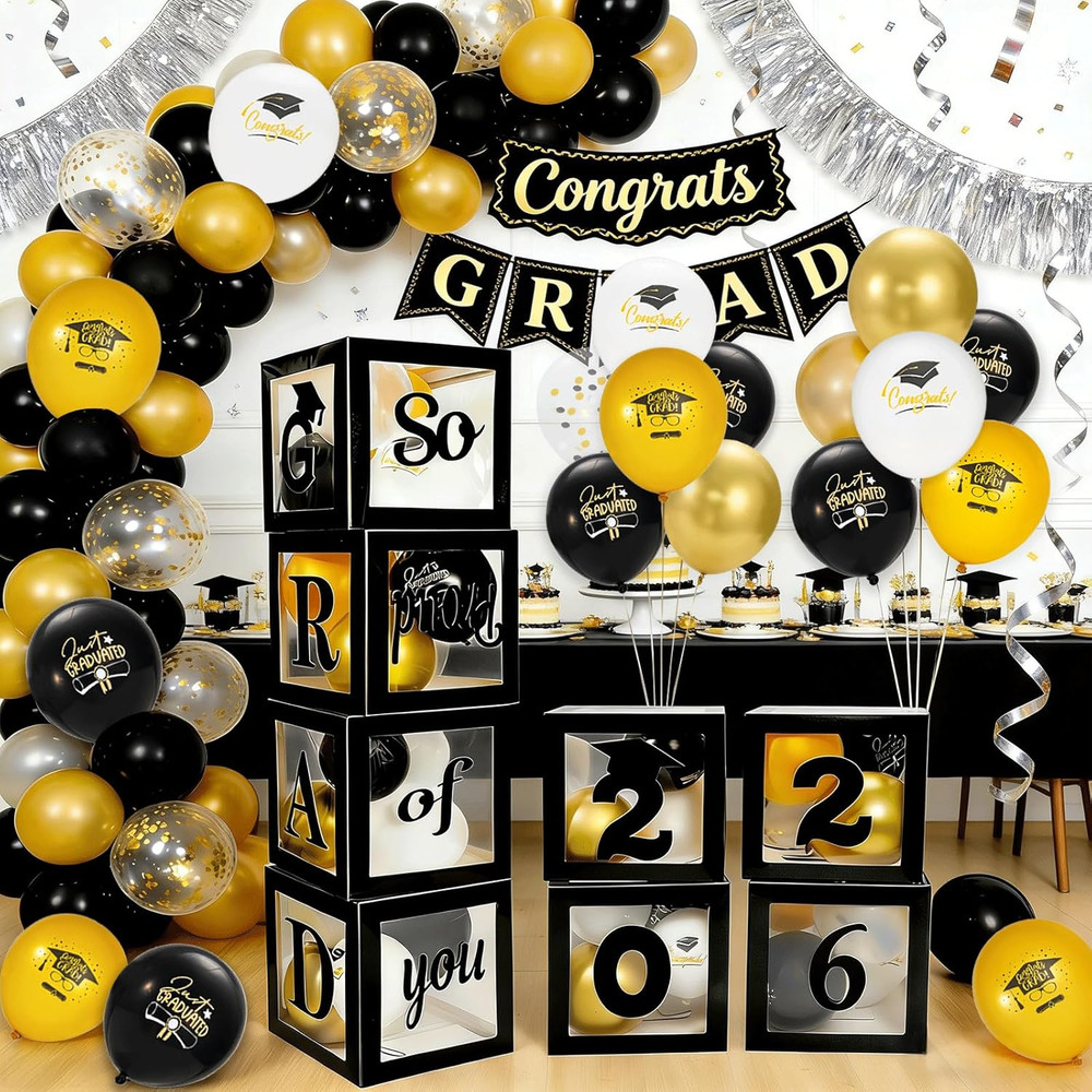 Graduation Decorations Class of 2026 – Black Graduation Balloons Boxes with Lett