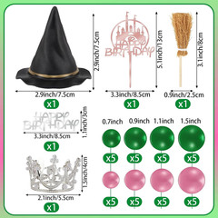 44-Piece Pink & Green Cake Topper Set Witch Hat Crown Balloons Birthday Decor