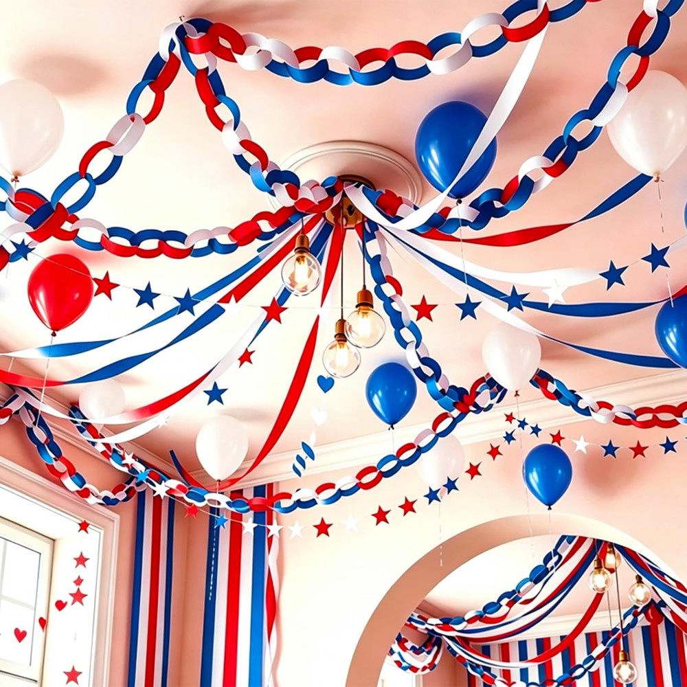 Patriotic Red Blue White Decorations 300Pcs Paper Chain Stripe 60Pcs Balloon 492