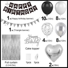 Happy Birthday Party Decorations Black Silver Balloons and Fringe Curtain Set