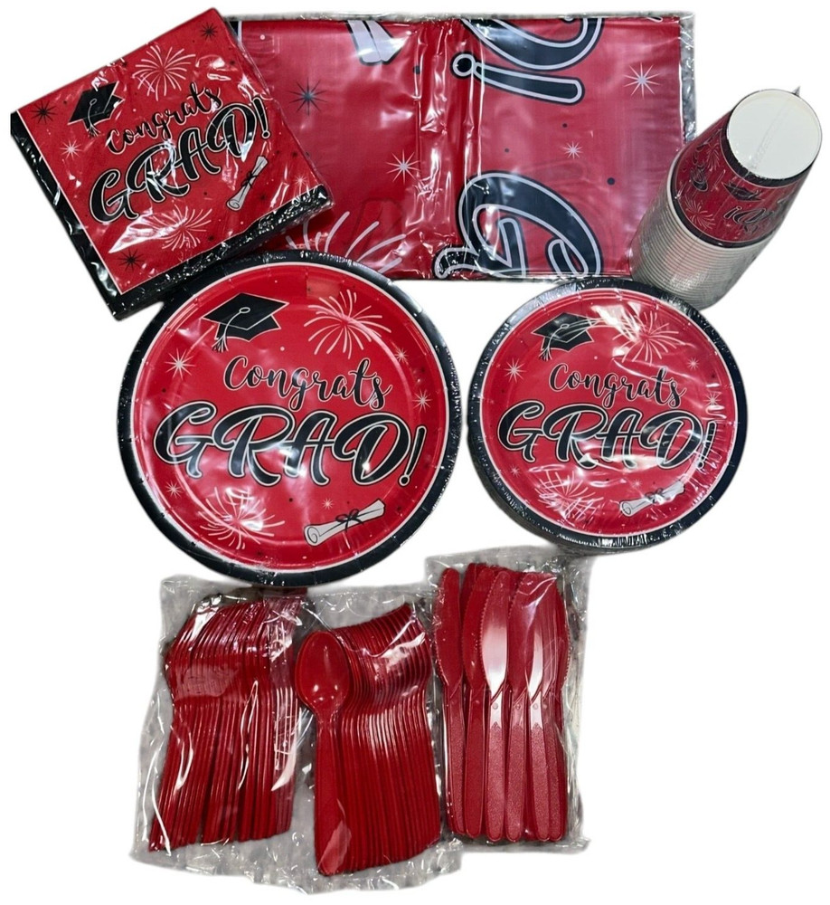 Graduation Plates & Napkins Serves 24, 169 Total Pieces, Red