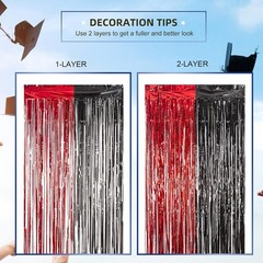 Graduation Party Decoration, 2 Pack Red and Black 3.3×6.6 ft Foil Fringe Curt…