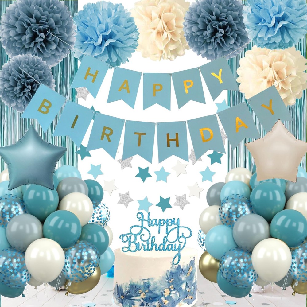 Blue Decorations – Blue Party Decor Balloons with Happy Banner Fringe Curtain…